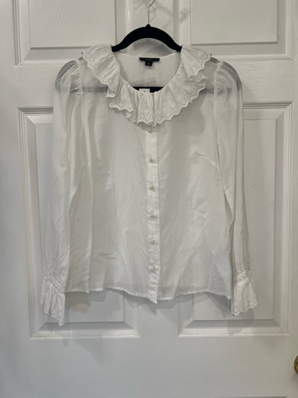 J. Crew White Eyelet Ruffle Collar Button-Down Blouse